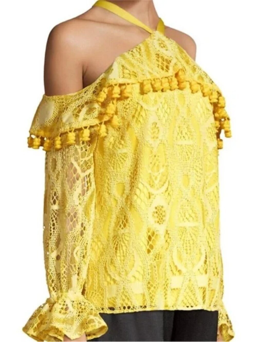 ALEXIS Adriana Yellow Lace Pom Pom Ruffle Cold Shoulder Tie Blouse, Size XS - Picture 3 of 15